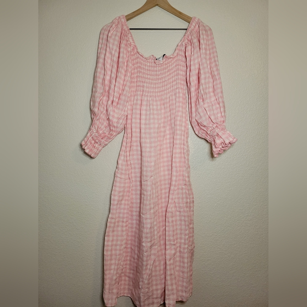 Sleeper Linenblend Atlanta Pink Gingham midi dress smocked midi dress, xsmall - Picture 8 of 12